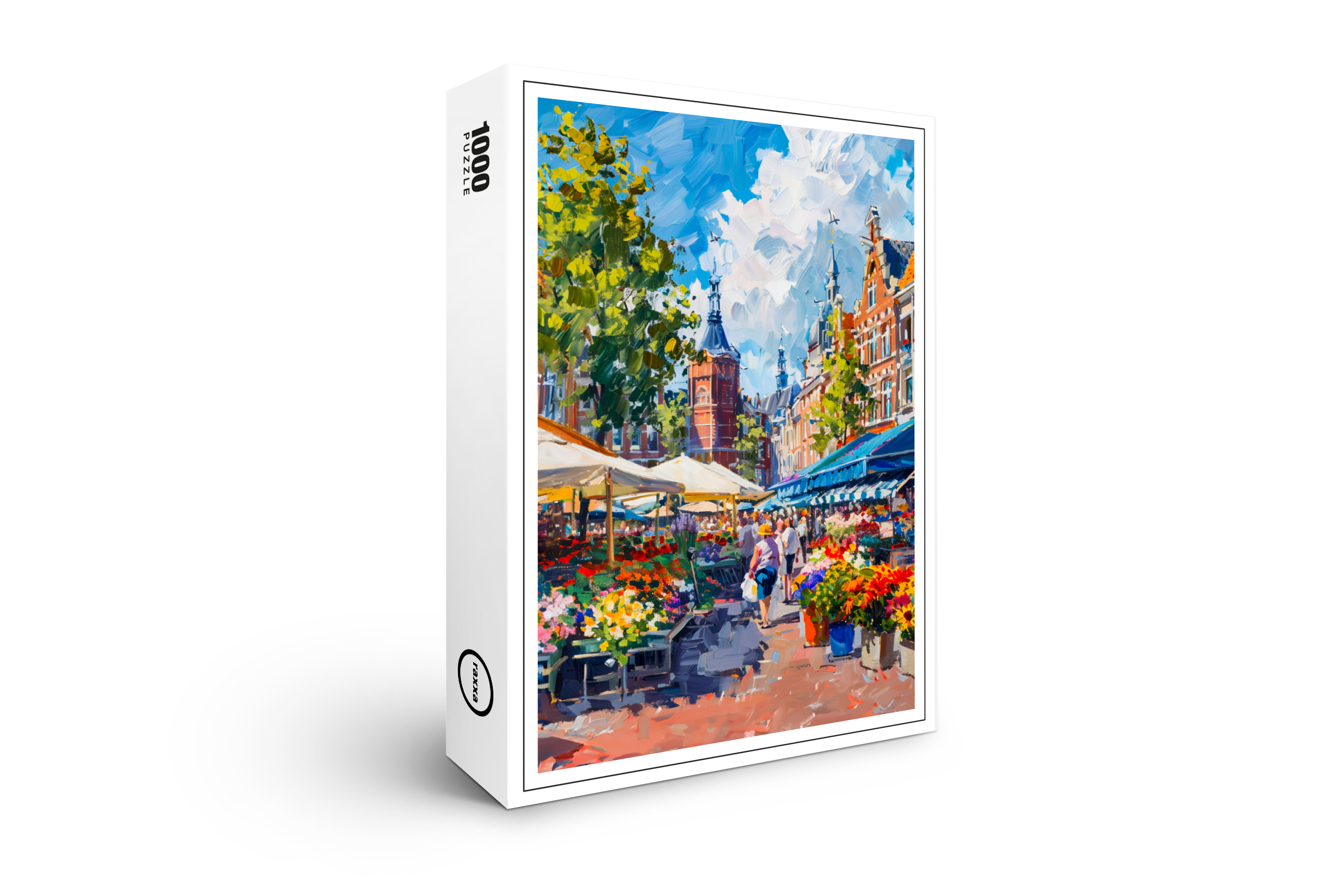 raxxa Premium-Puzzle: Flower Market with Historic Buildings Fantasy Painting