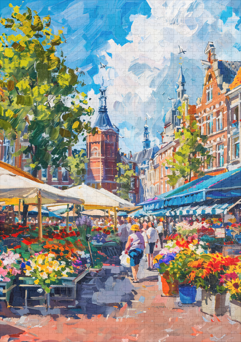 raxxa Premium-Puzzle: Flower Market with Historic Buildings Fantasy Painting - immagine 2
