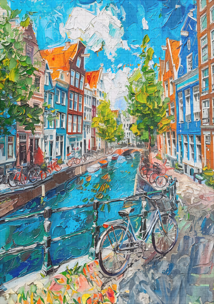 raxxa Premium-Puzzle: Canal with Bicycles and Colorful Houses Painting – Bild 2