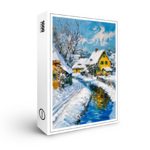 raxxa Premium-Puzzle: Snowy Village with Stream and Trees Fantasy Painting