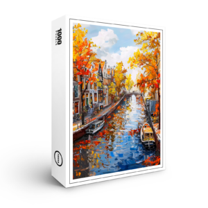 raxxa Premium-Puzzle: Autumn Canal with Boats and Colorful Houses Painting