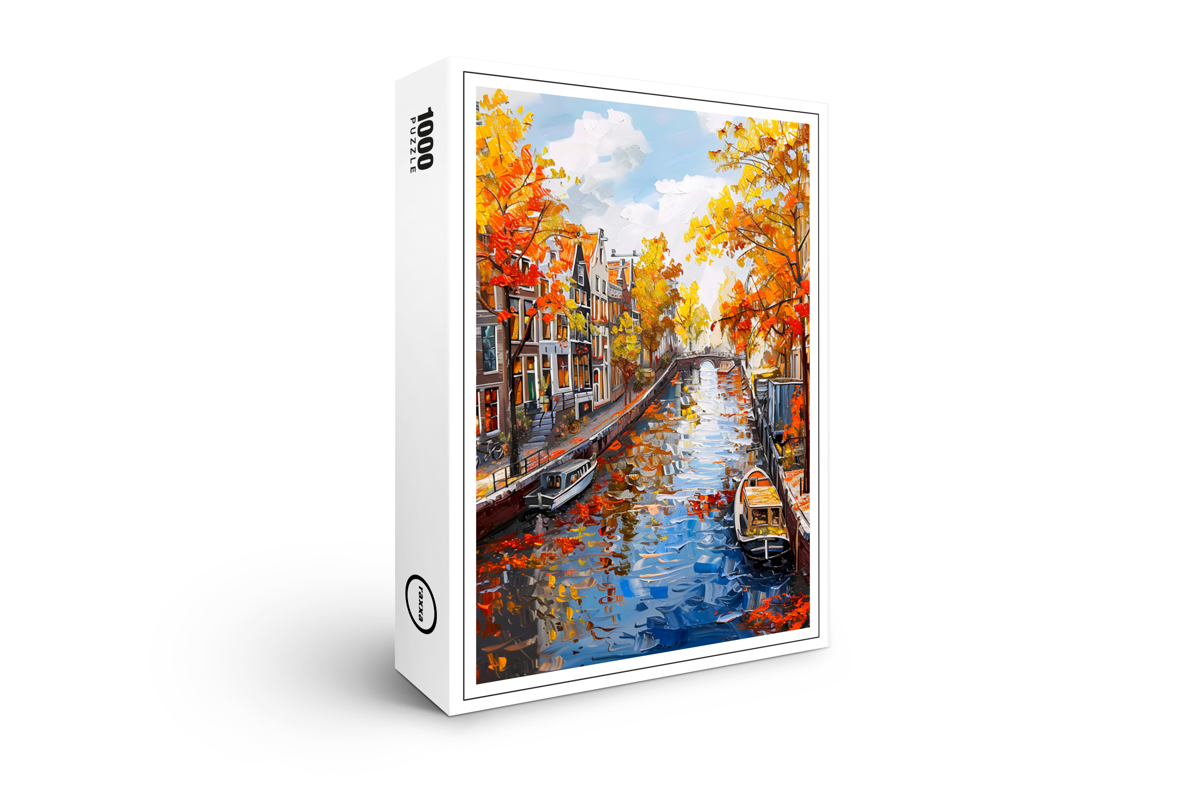 raxxa Premium-Puzzle: Autumn Canal with Boats and Colorful Houses Painting