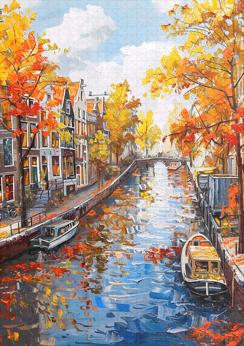 raxxa Premium-Puzzle: Autumn Canal with Boats and Colorful Houses Painting - immagine 2