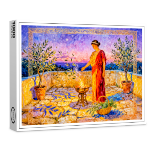 raxxa Premium-Puzzle: Hestia Lighting a Sacred Fire on Terrace with Olive Trees at Night