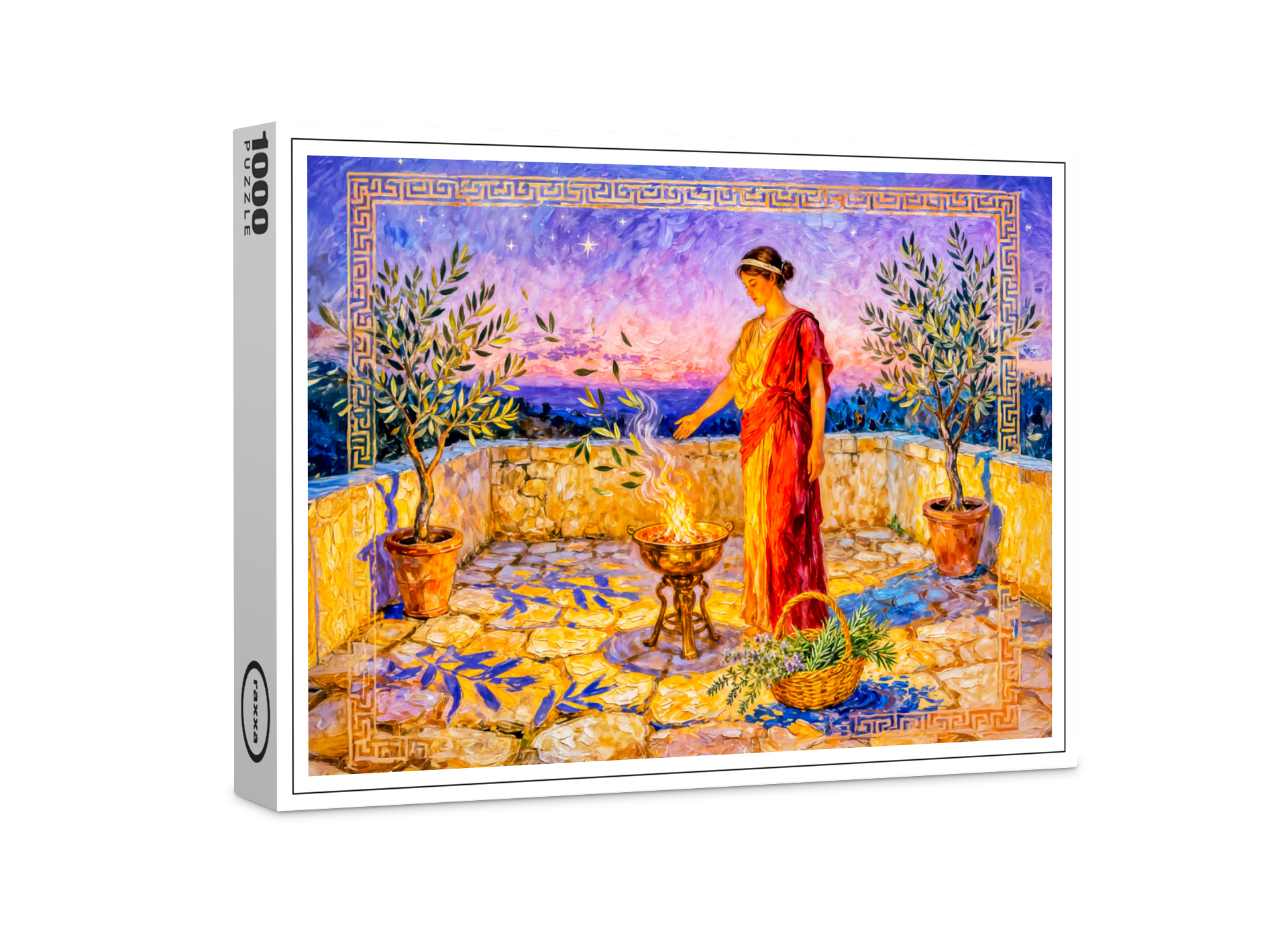 raxxa Premium-Puzzle: Hestia Lighting a Sacred Fire on Terrace with Olive Trees at Night