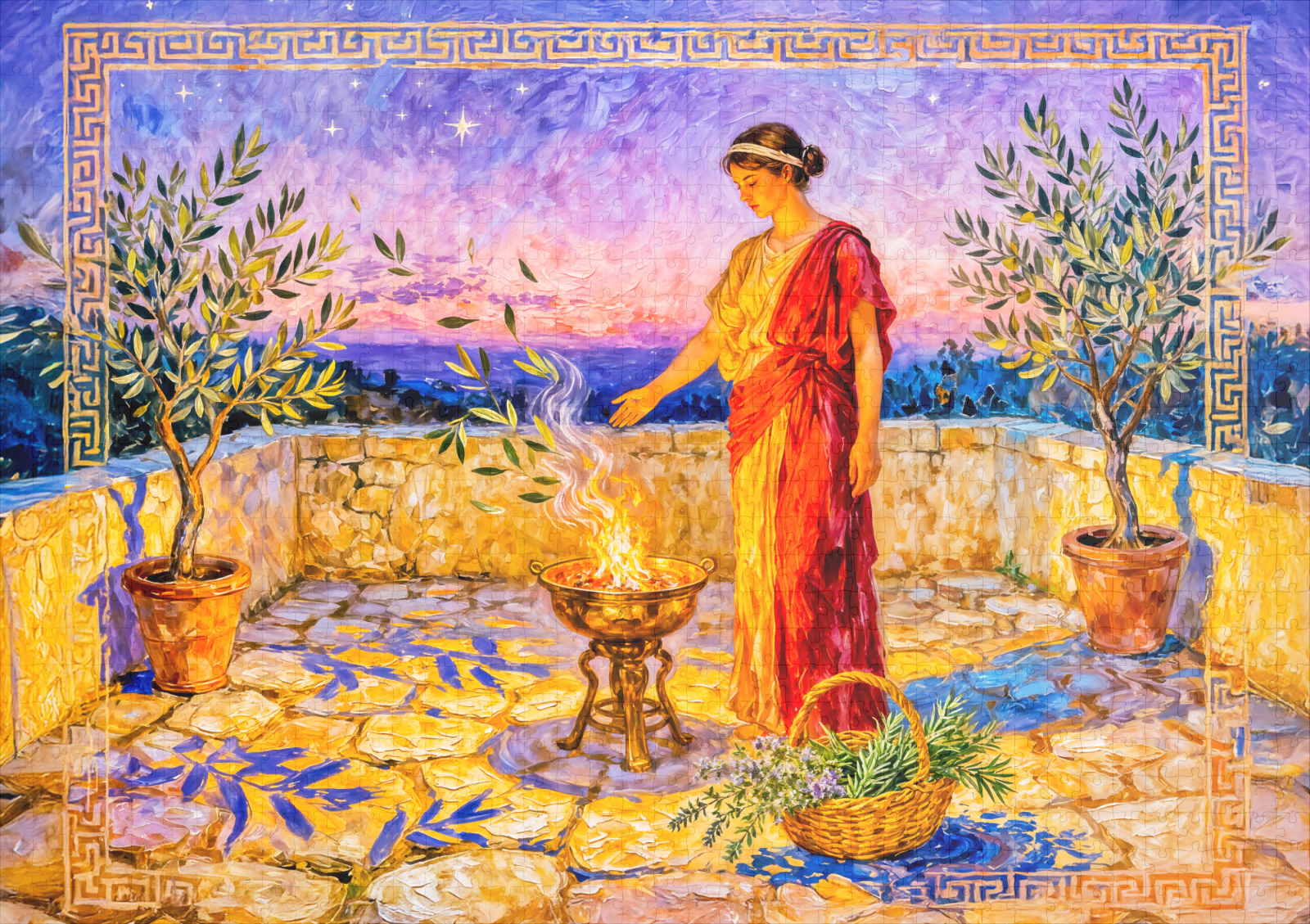 raxxa Premium-Puzzle: Hestia Lighting a Sacred Fire on Terrace with Olive Trees at Night – Bild 2