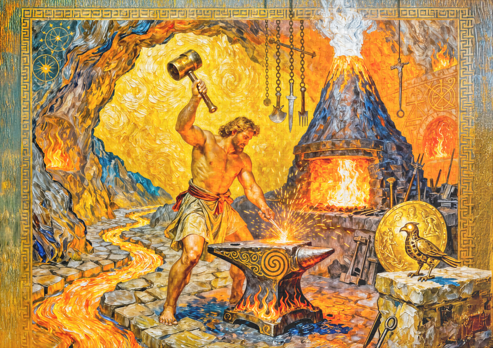 raxxa Premium-Puzzle: Hephaestus in Forge with Hammer, Anvil, Volcano Furnace and Lava Flow – Bild 2