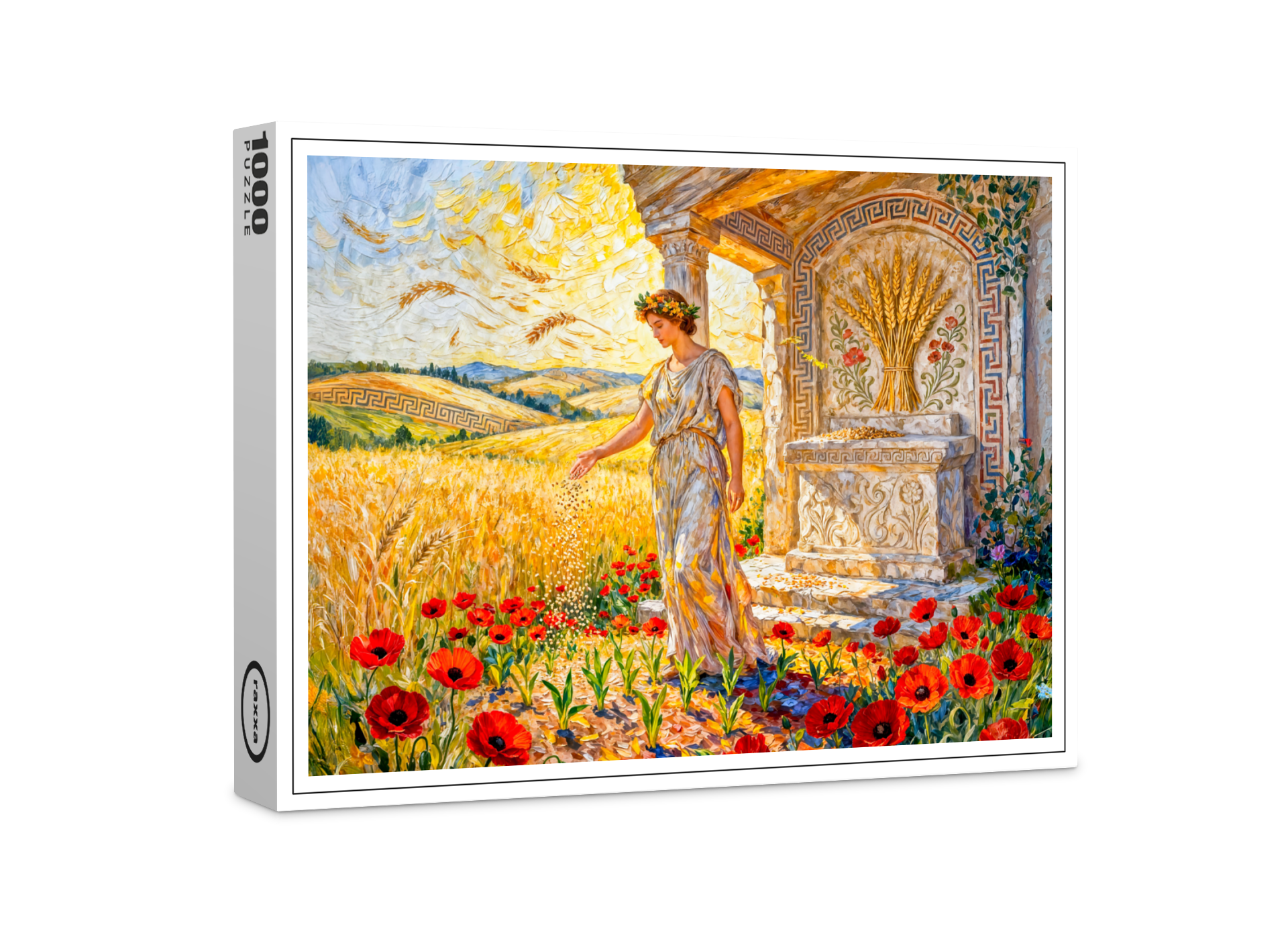 raxxa Premium-Puzzle: Demeter Sowing Grain by Field Altar Among Poppies and Ripe Wheat