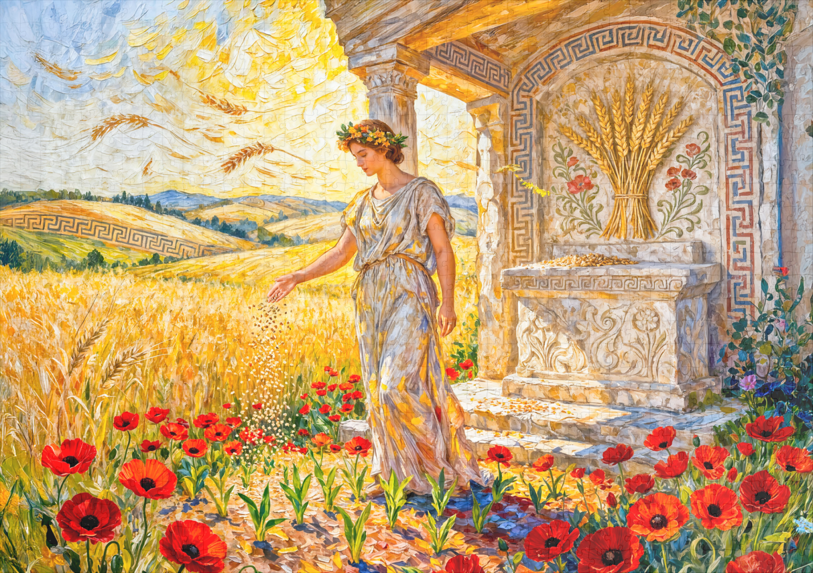 raxxa Premium-Puzzle: Demeter Sowing Grain by Field Altar Among Poppies and Ripe Wheat – Bild 2