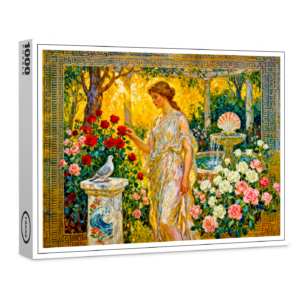 raxxa Premium-Puzzle: Aphrodite in Rose Garden with Fountain, Shell and Dove on Ledge
