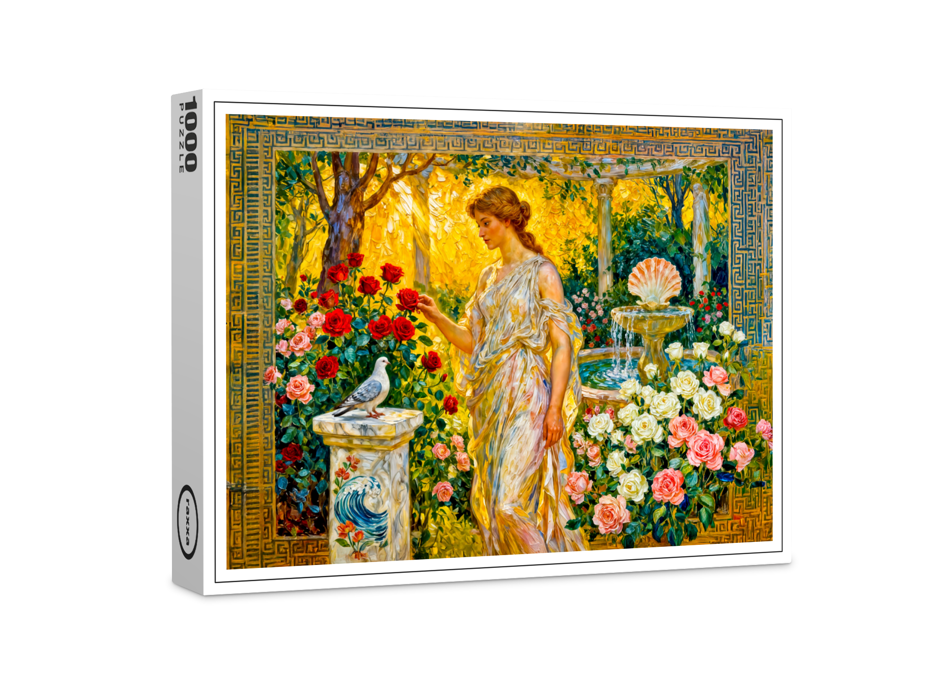 raxxa Premium-Puzzle: Aphrodite in Rose Garden with Fountain, Shell and Dove on Ledge