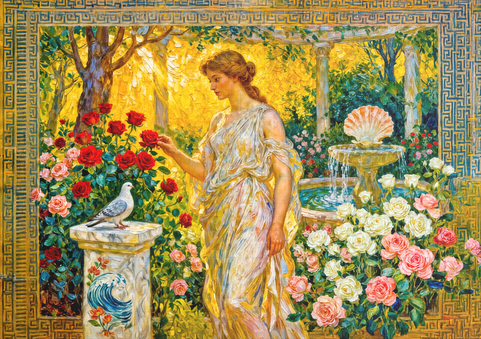 raxxa Premium-Puzzle: Aphrodite in Rose Garden with Fountain, Shell and Dove on Ledge - immagine 2