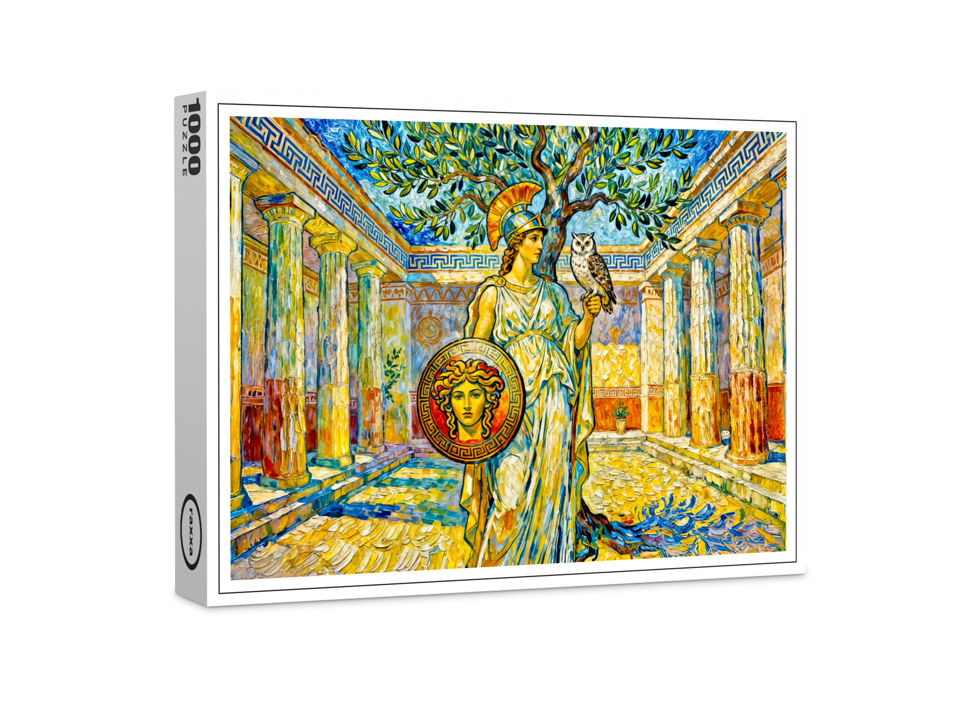 raxxa Premium-Puzzle: Athena with Owl and Shield by Olive Tree in Temple Courtyard