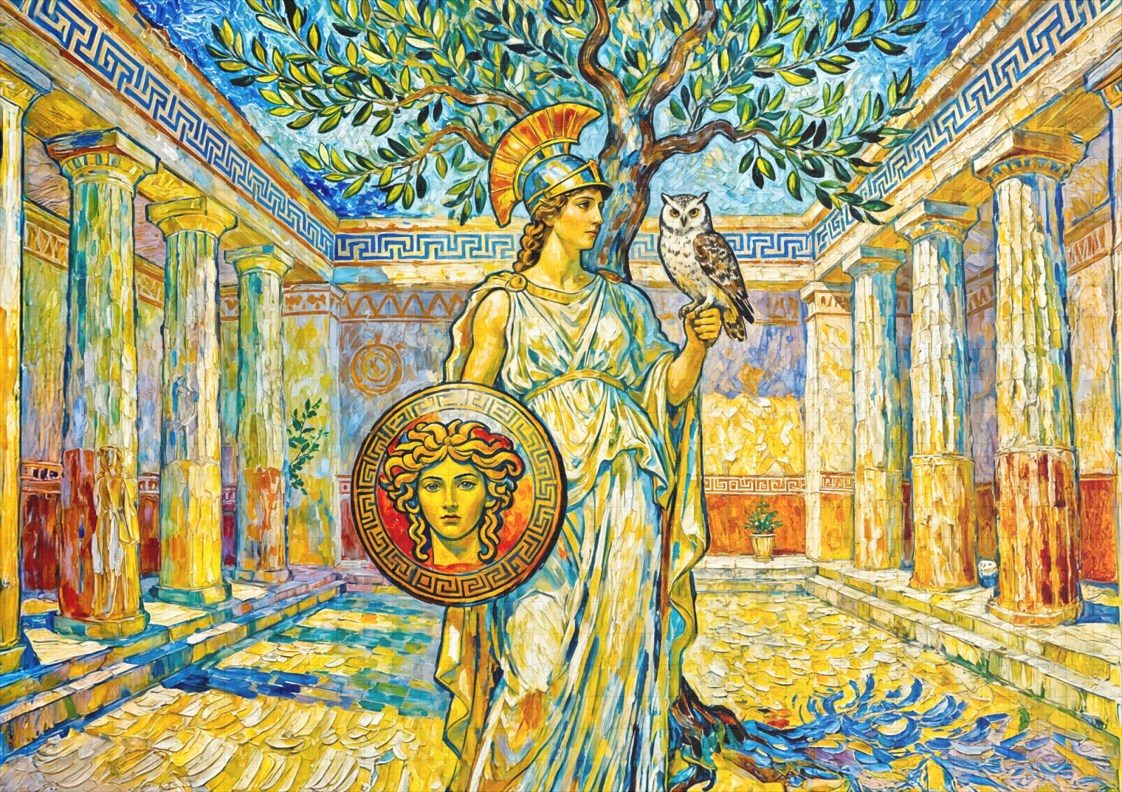 raxxa Premium-Puzzle: Athena with Owl and Shield by Olive Tree in Temple Courtyard - Image 2