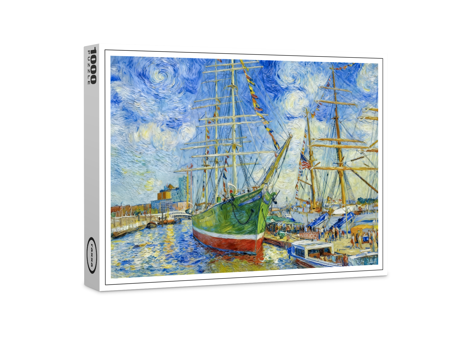 raxxa Premium-Puzzle: Impressionist Tall Ship in Hamburg Harbor with Reflections