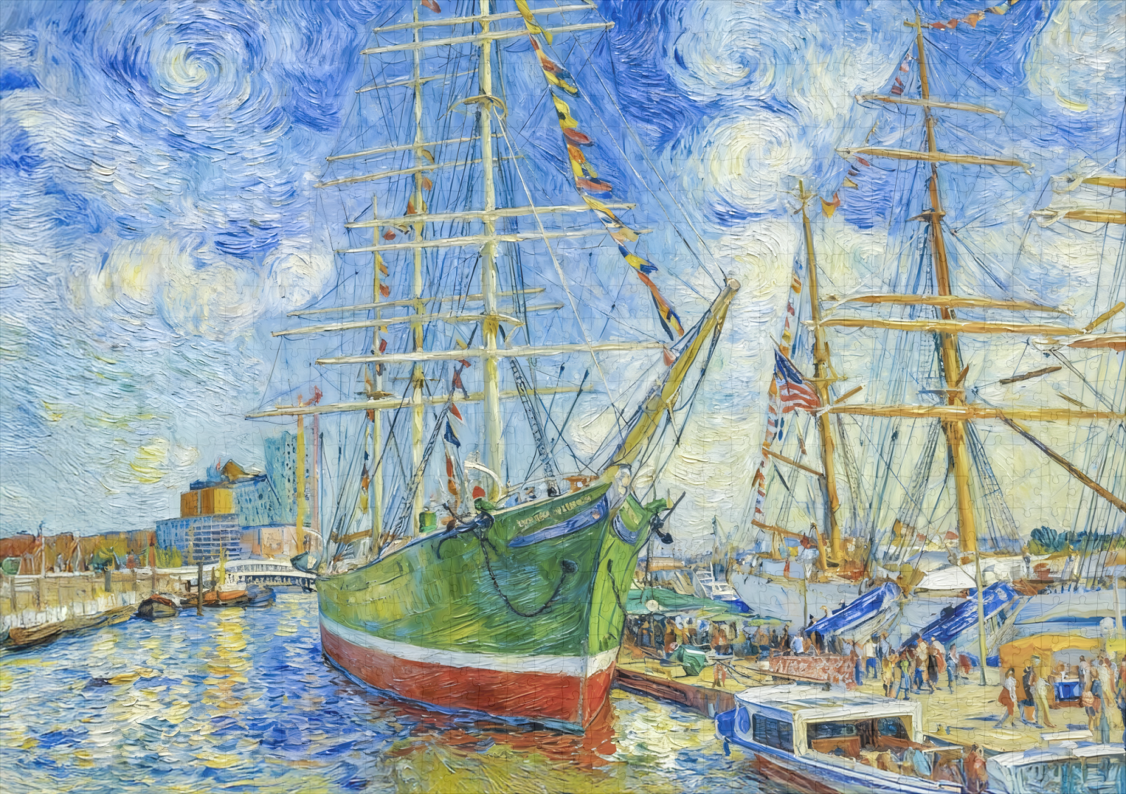 raxxa Premium-Puzzle: Impressionist Tall Ship in Hamburg Harbor with Reflections - Image 2