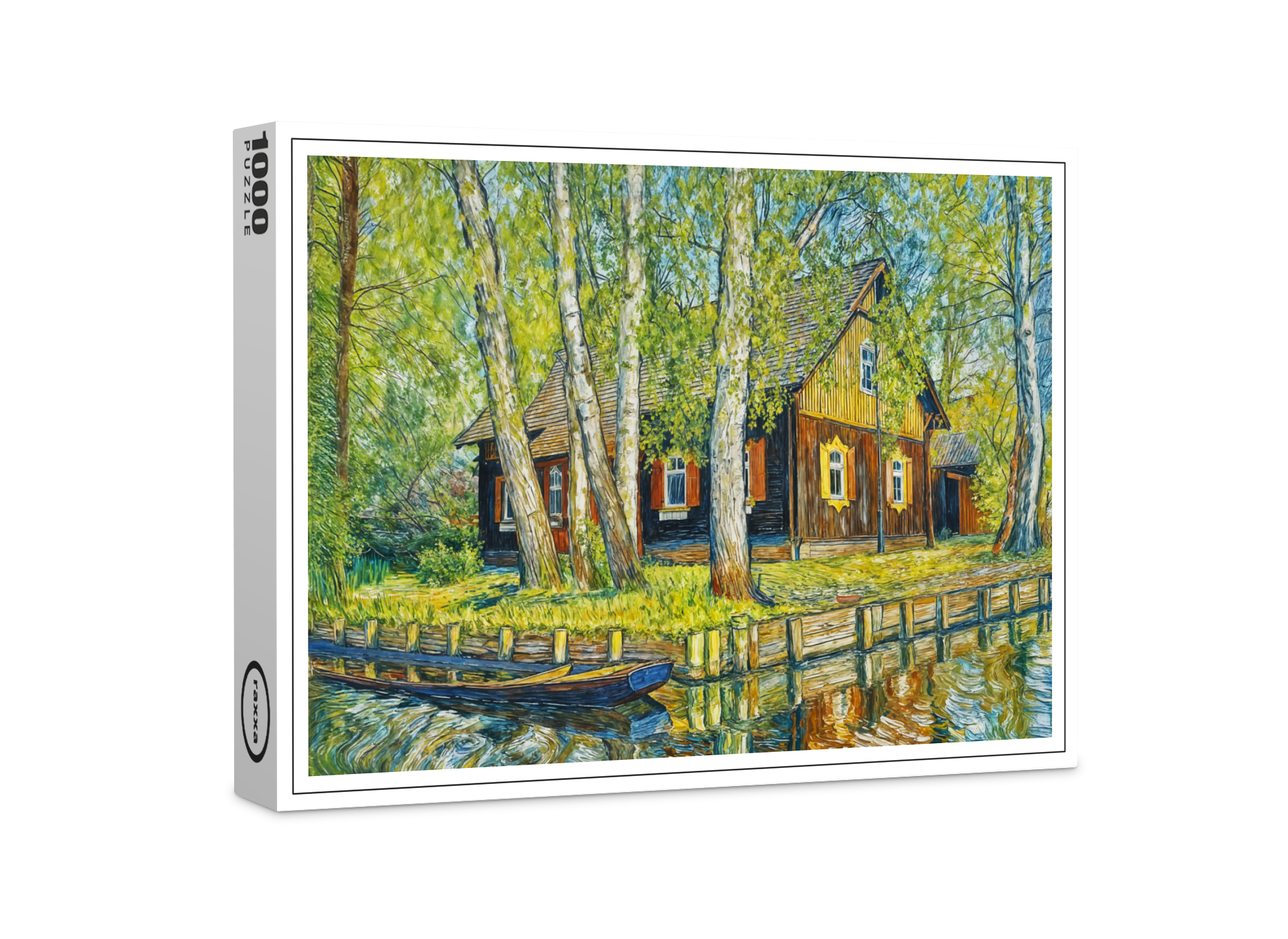 raxxa Premium-Puzzle: Impressionist Spreewald House by a Quiet Canal with Wooden Boat