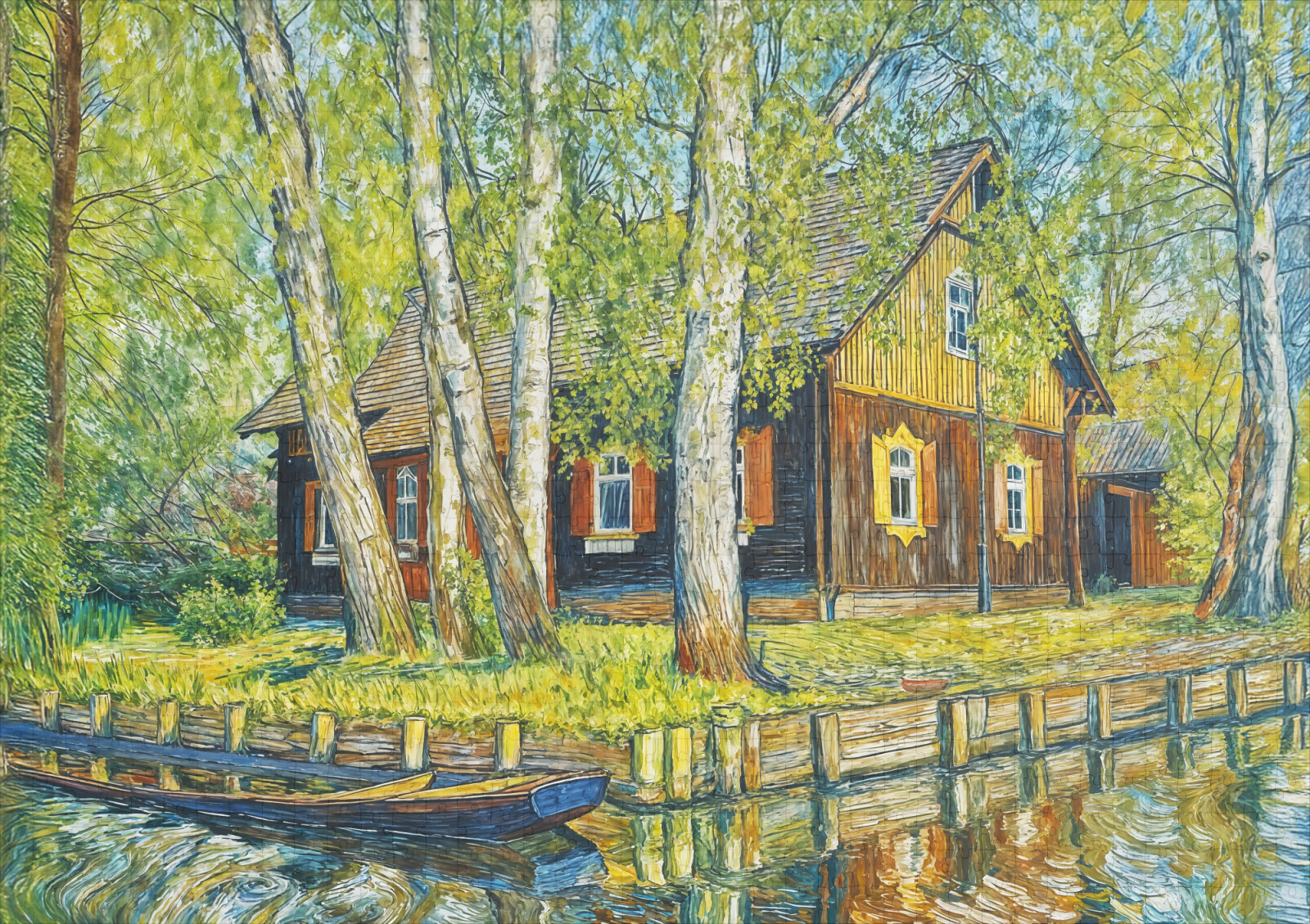 raxxa Premium-Puzzle: Impressionist Spreewald House by a Quiet Canal with Wooden Boat – Bild 2