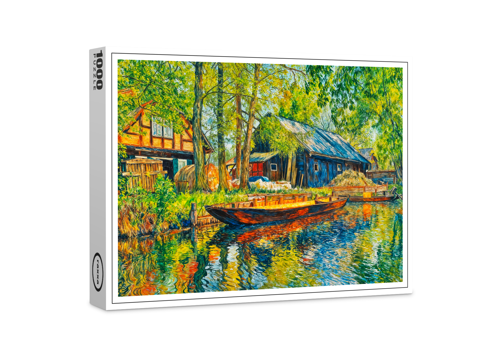 raxxa Premium-Puzzle: Impressionist Spreewald Farmhouse with Wooden Boat by the Canal