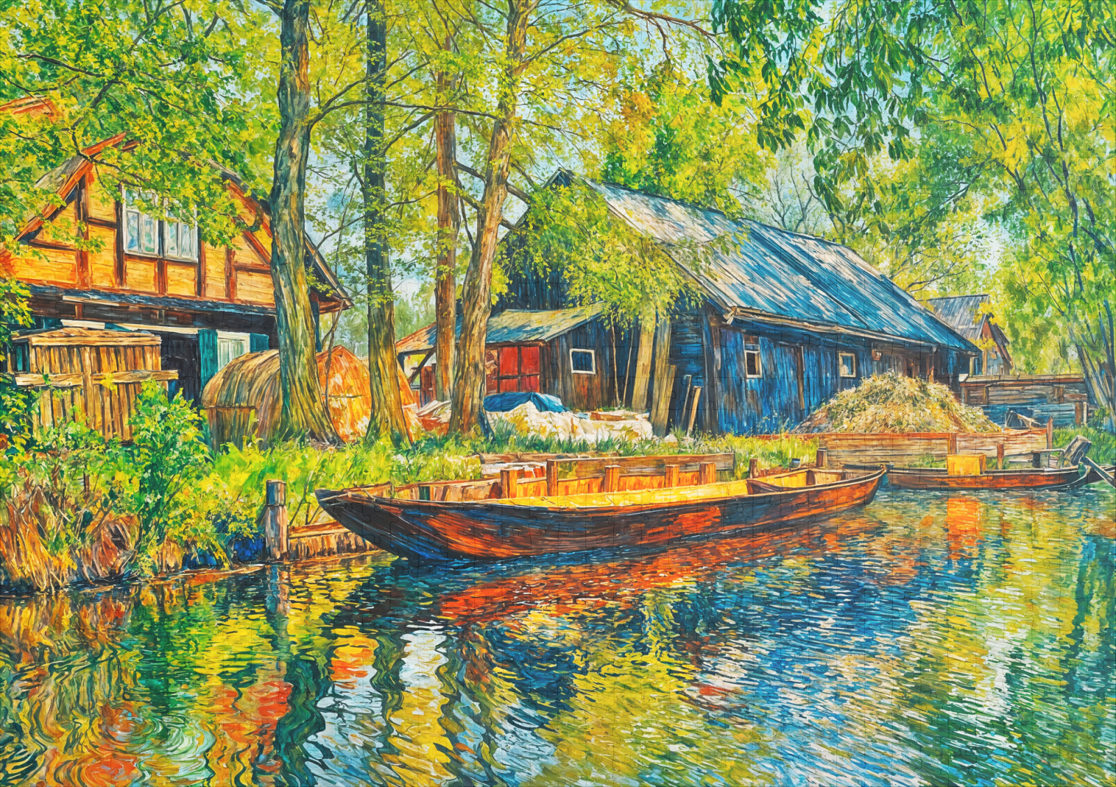 raxxa Premium-Puzzle: Impressionist Spreewald Farmhouse with Wooden Boat by the Canal – Bild 2