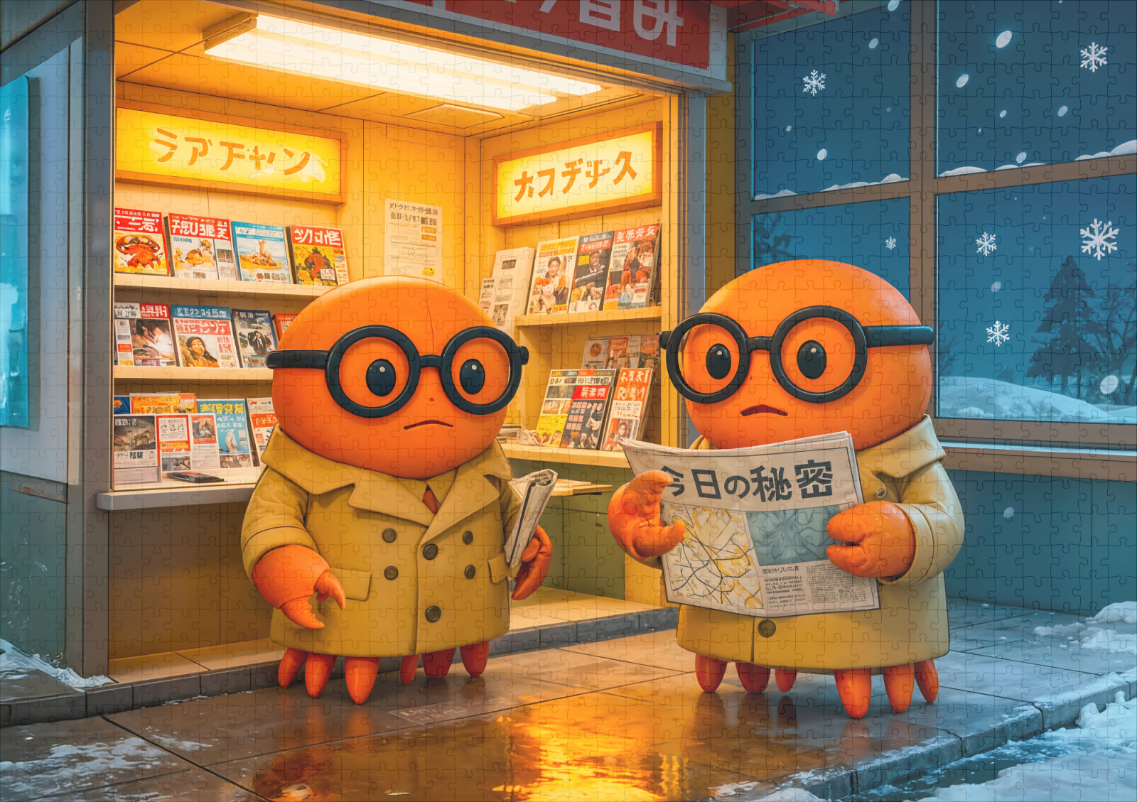 raxxa Premium-Puzzle: Spy Crabs Investigating Colorful Japanese Newsstand Scene – Bild 2