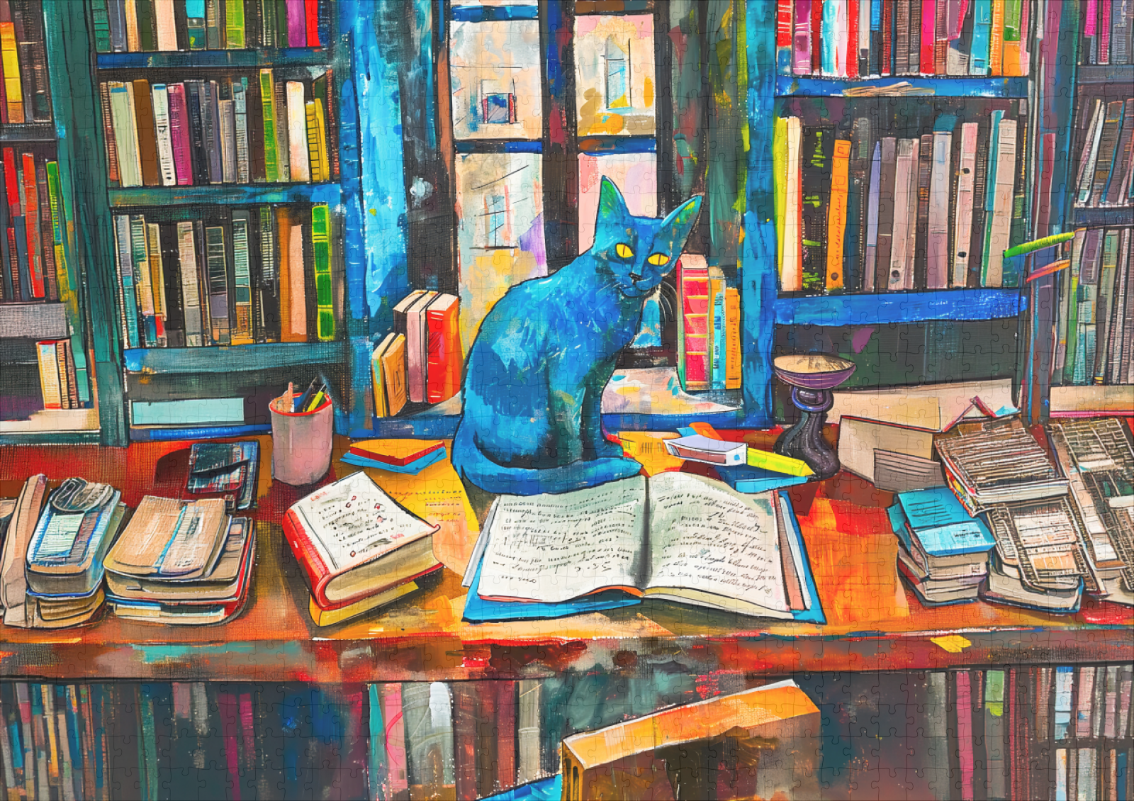 raxxa Premium-Puzzle: Cat sitting Among Open Books on table - Imagen 2