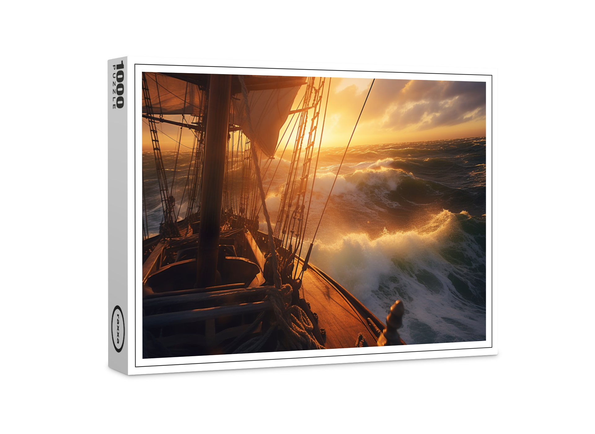 raxxa Premium-Puzzle: Segelschiff im Sonnenuntergang mit hohen Wellen
