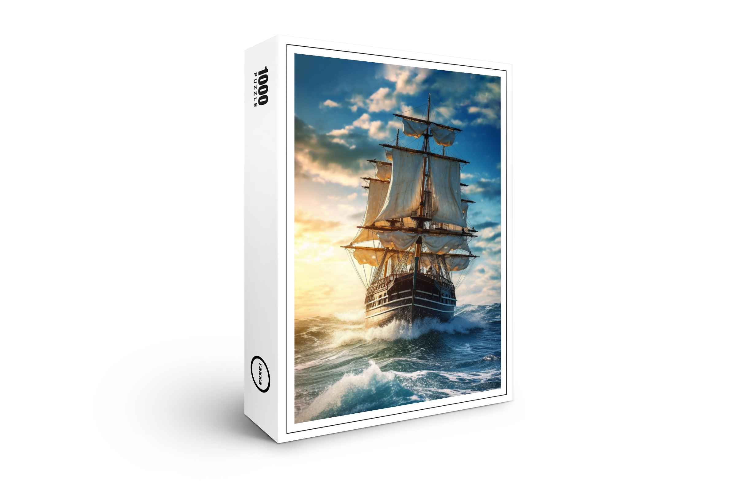 raxxa Premium-Puzzle: Segelschiff im Sonnenuntergang mit rauhen Wellen