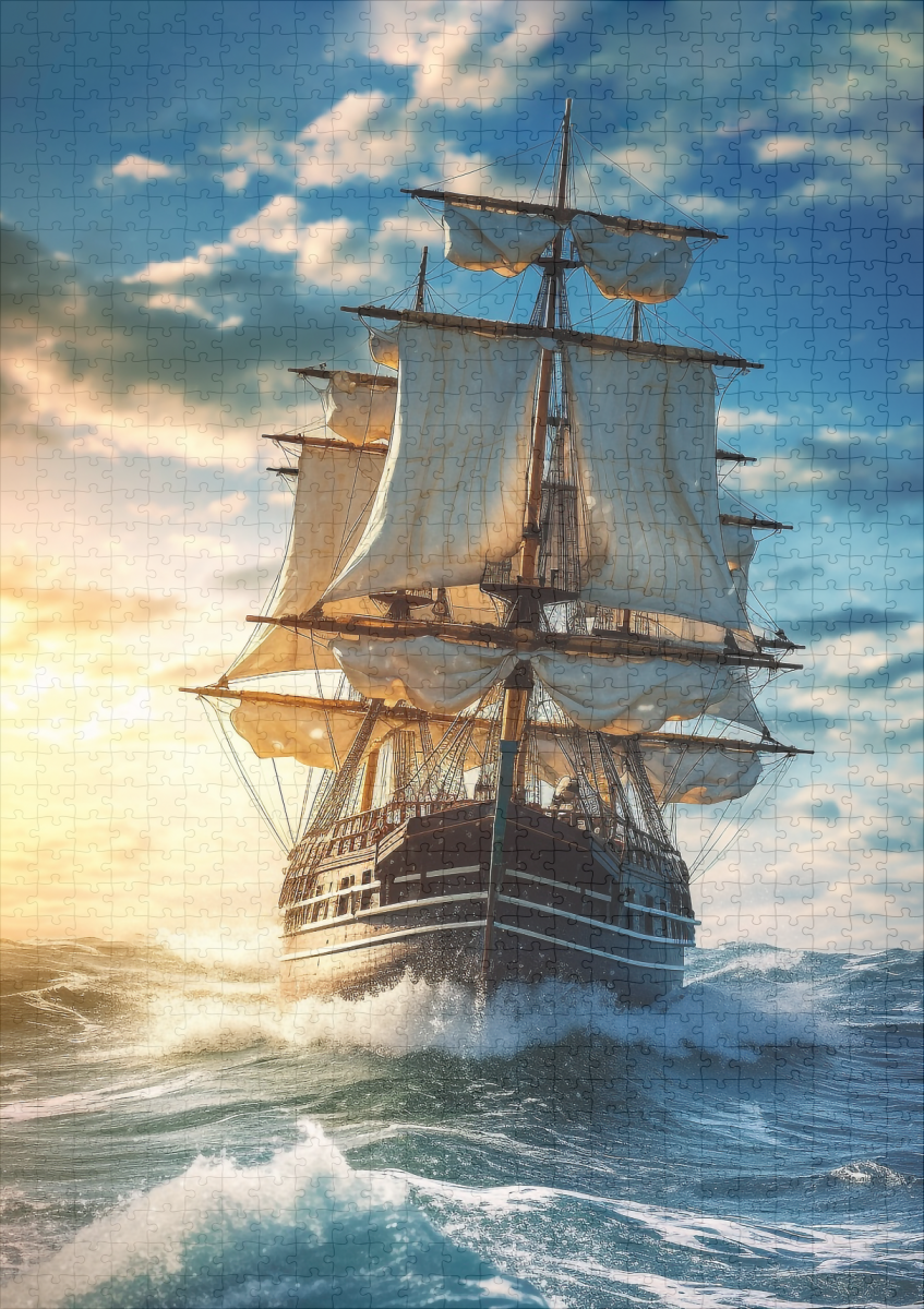 raxxa Premium-Puzzle: Segelschiff im Sonnenuntergang mit rauhen Wellen - immagine 2