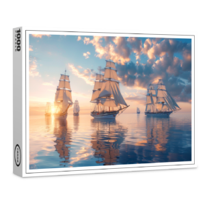 raxxa Premium-Puzzle: Mehrere historische Segelschiffe im Sonnenuntergang