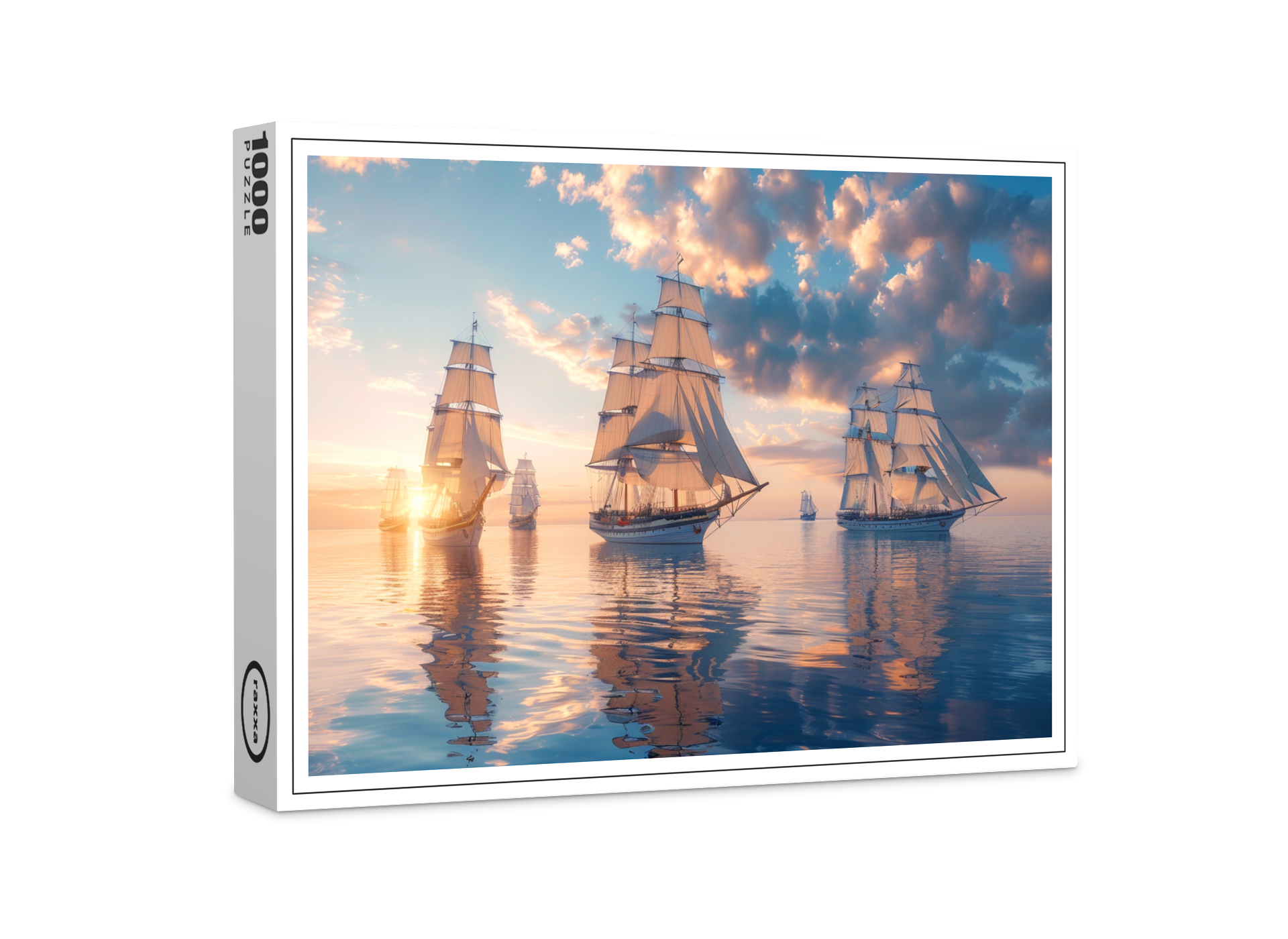 raxxa Premium-Puzzle: Mehrere historische Segelschiffe im Sonnenuntergang