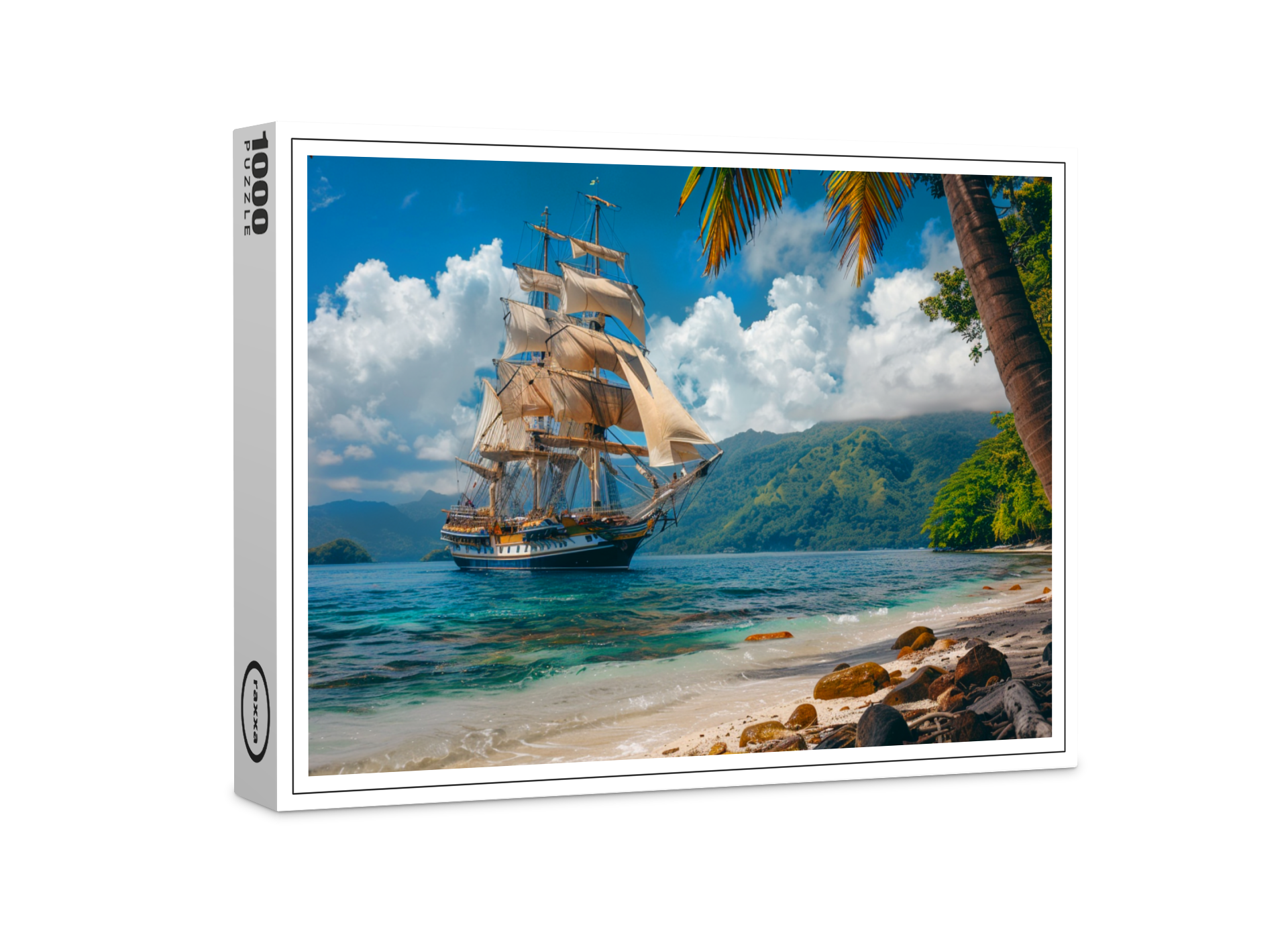 raxxa Premium-Puzzle: Historisches Segelschiff an einer Palmeninsel vor Anker