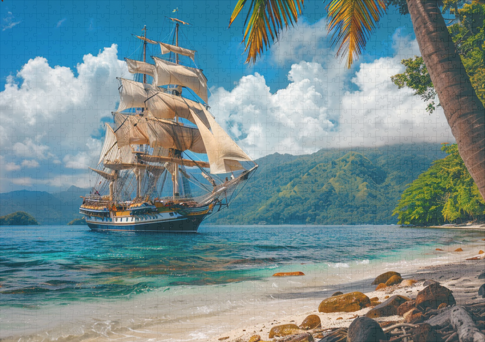 raxxa Premium-Puzzle: Historisches Segelschiff an einer Palmeninsel vor Anker – Image 2