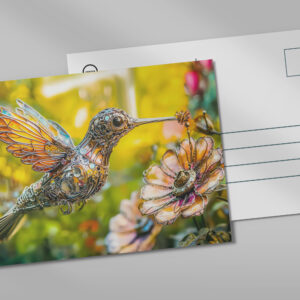 raxxa Postkarte: Metal Hummingbird in Flight on flower
