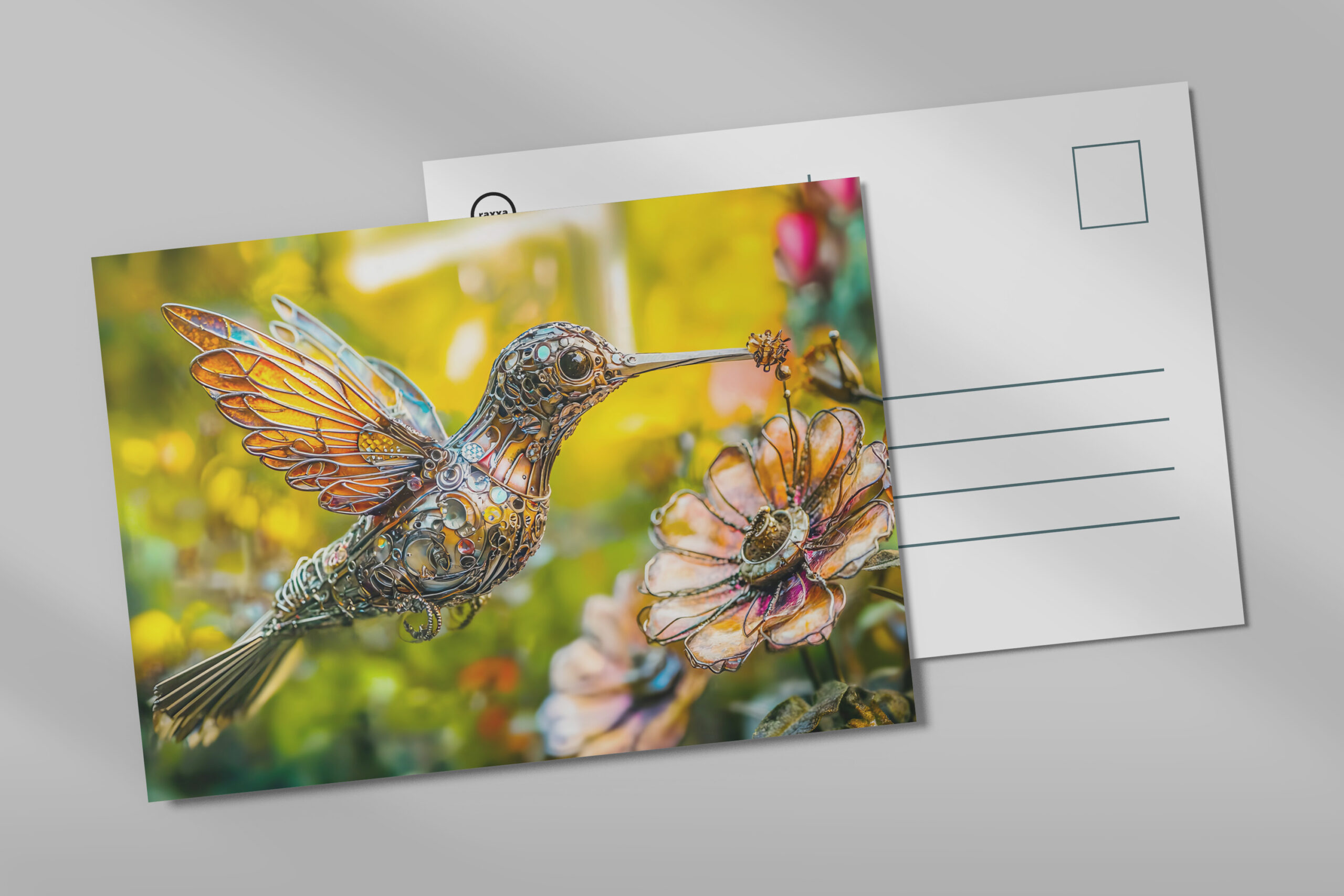 raxxa Postkarte: Metal Hummingbird in Flight on flower