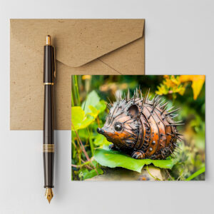 raxxa Postkarte: Metal Hedgehog Garden Decor on leave