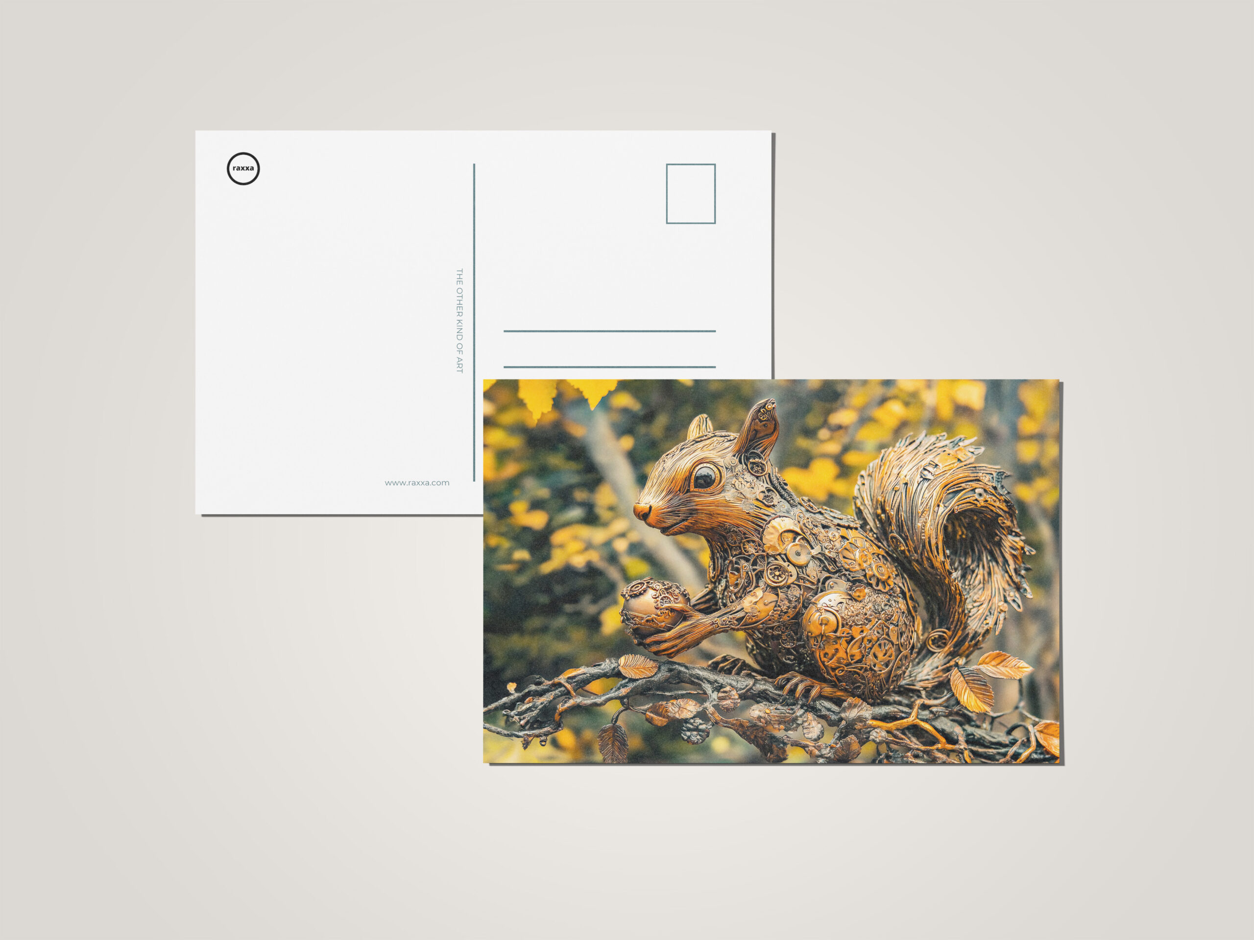 raxxa Postkarte: Metal Squirrel on Branch in autumn