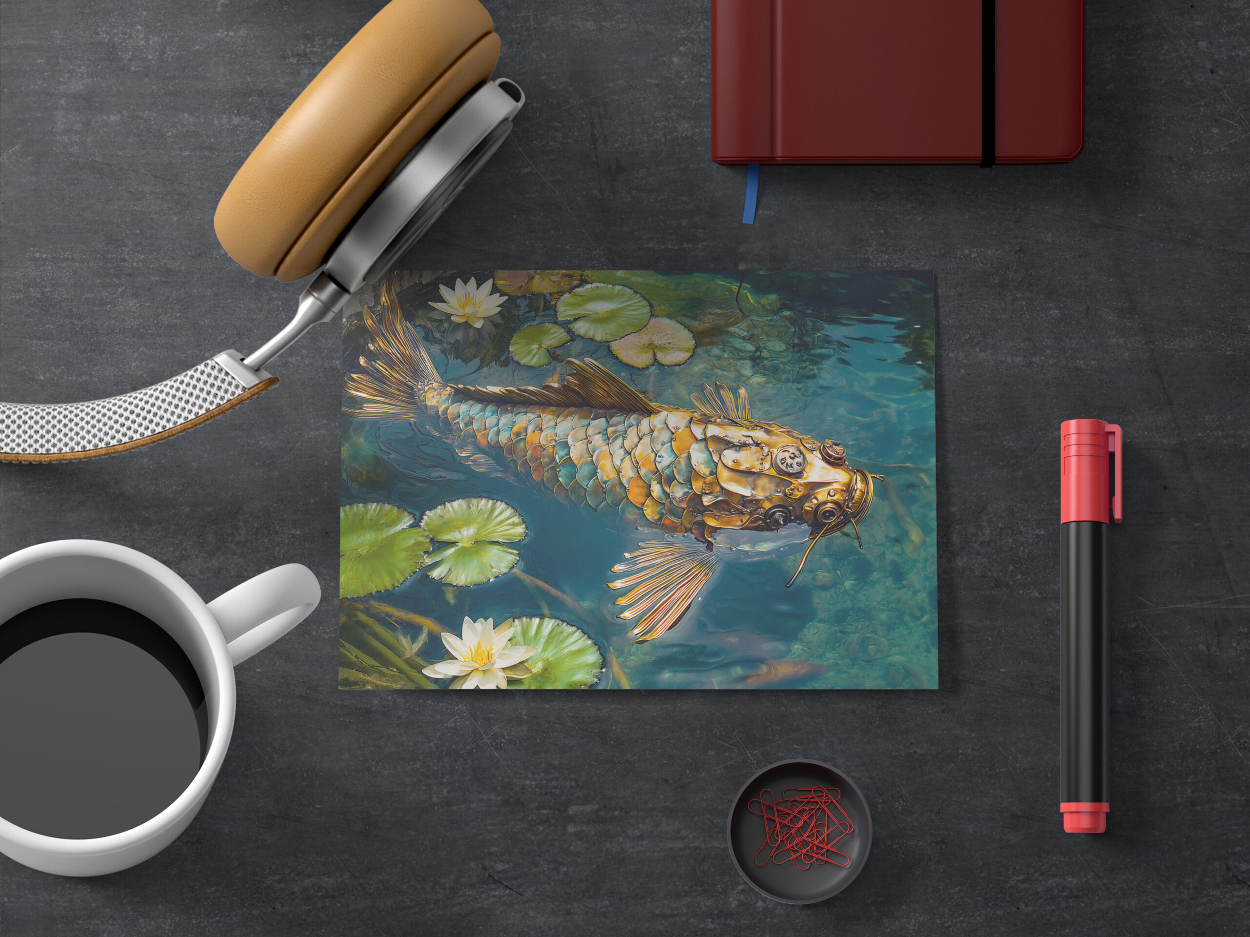 raxxa Postkarte: Metal Koi in Pond and water lilith