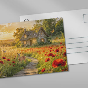 raxxa Postkarte: Poppy Field Cottage with Wooden Path