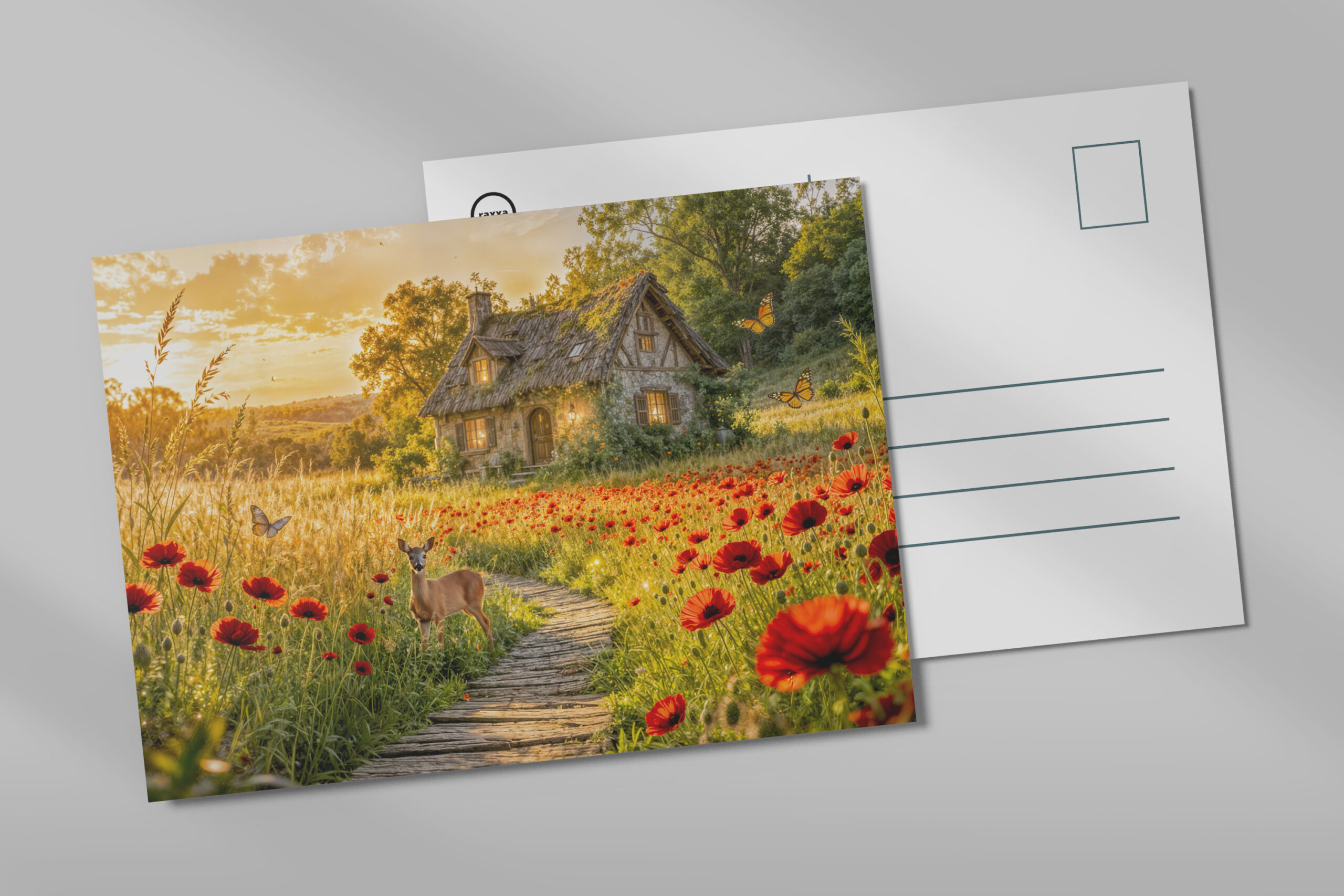 raxxa Postkarte: Poppy Field Cottage with Wooden Path