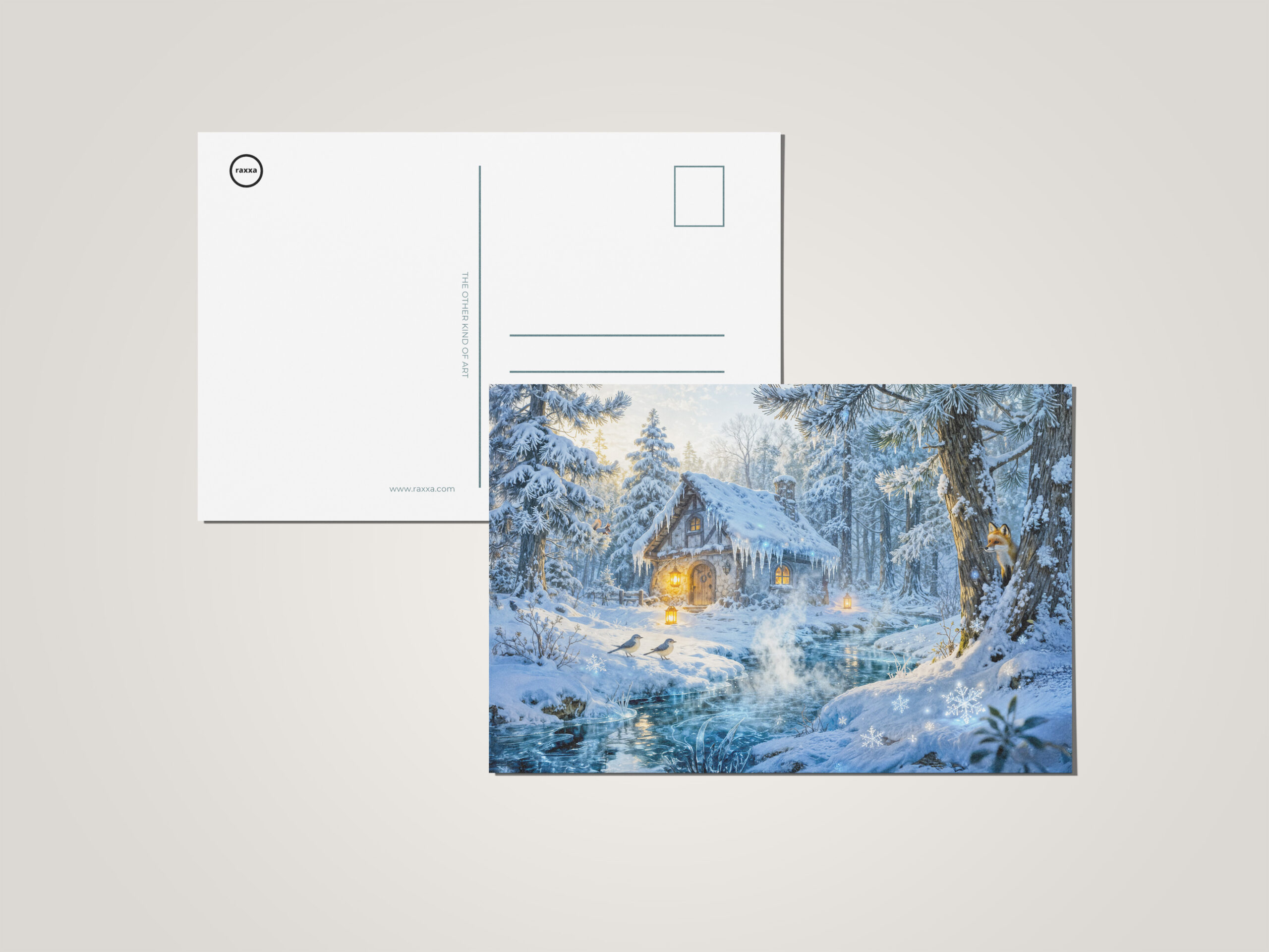 raxxa Postkarte: Winter Cottage by the Forest Stream