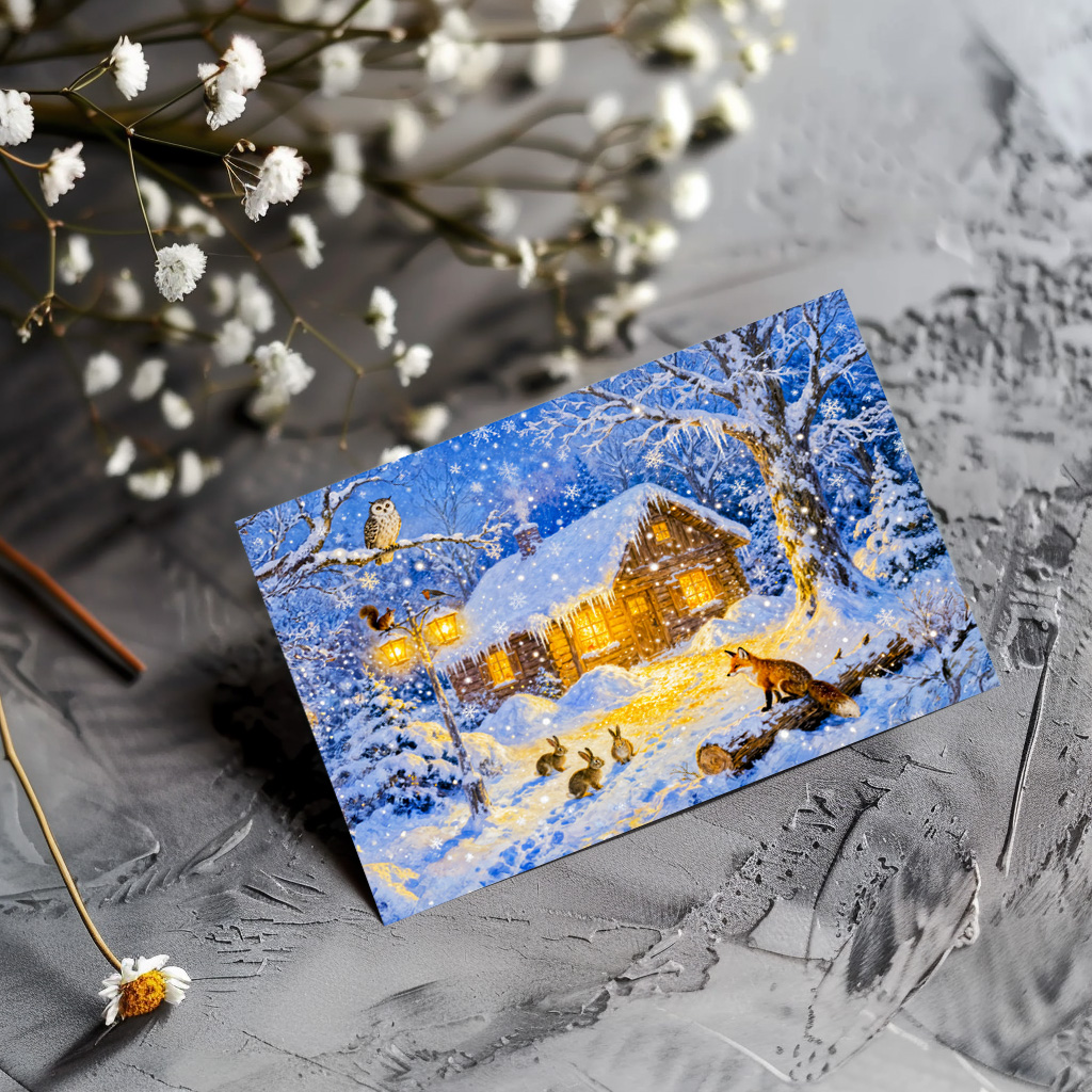 raxxa Postkarte: Winter Forest Cottage with Woodland Animals