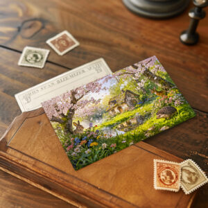 raxxa Postkarte: Cherry Blossom Cottage by the Garden Pond