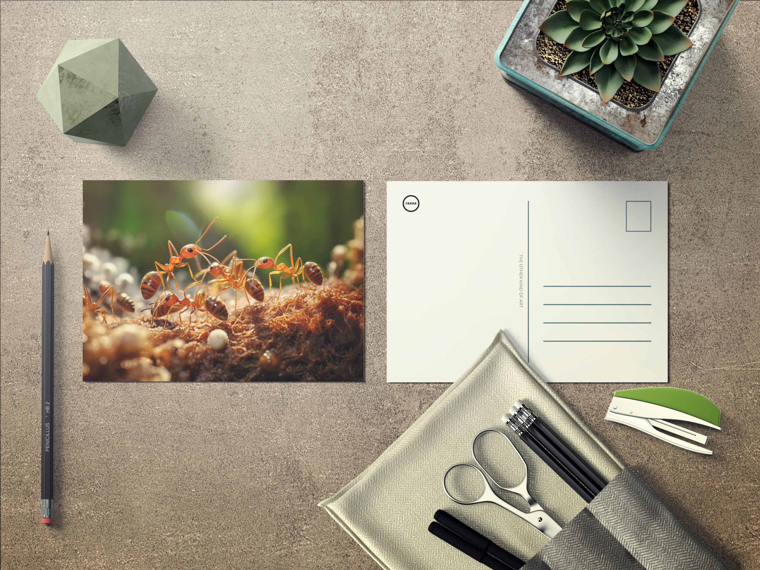 raxxa Postkarte: busy ant colony working together to carry tiny pieces of food back to their underground nest