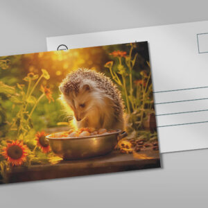 raxxa Postkarte: hedgehog indulging in cat food from the bowl