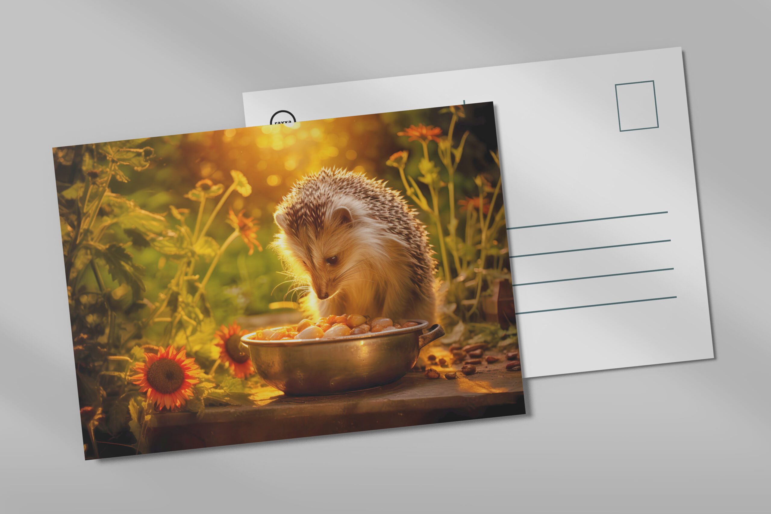 raxxa Postkarte: hedgehog indulging in cat food from the bowl