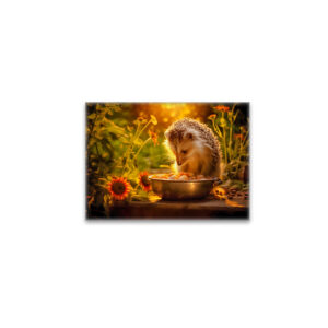 raxxa Glas-Magnet: hedgehog indulging in cat food from the bowl