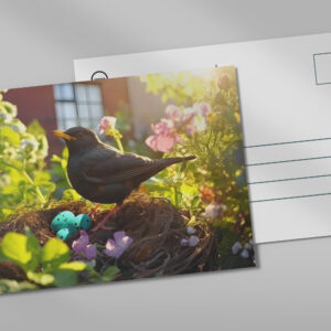 raxxa Postkarte: blackbird breeding in nest in the flowerbed, their feathers glowing in the morning light