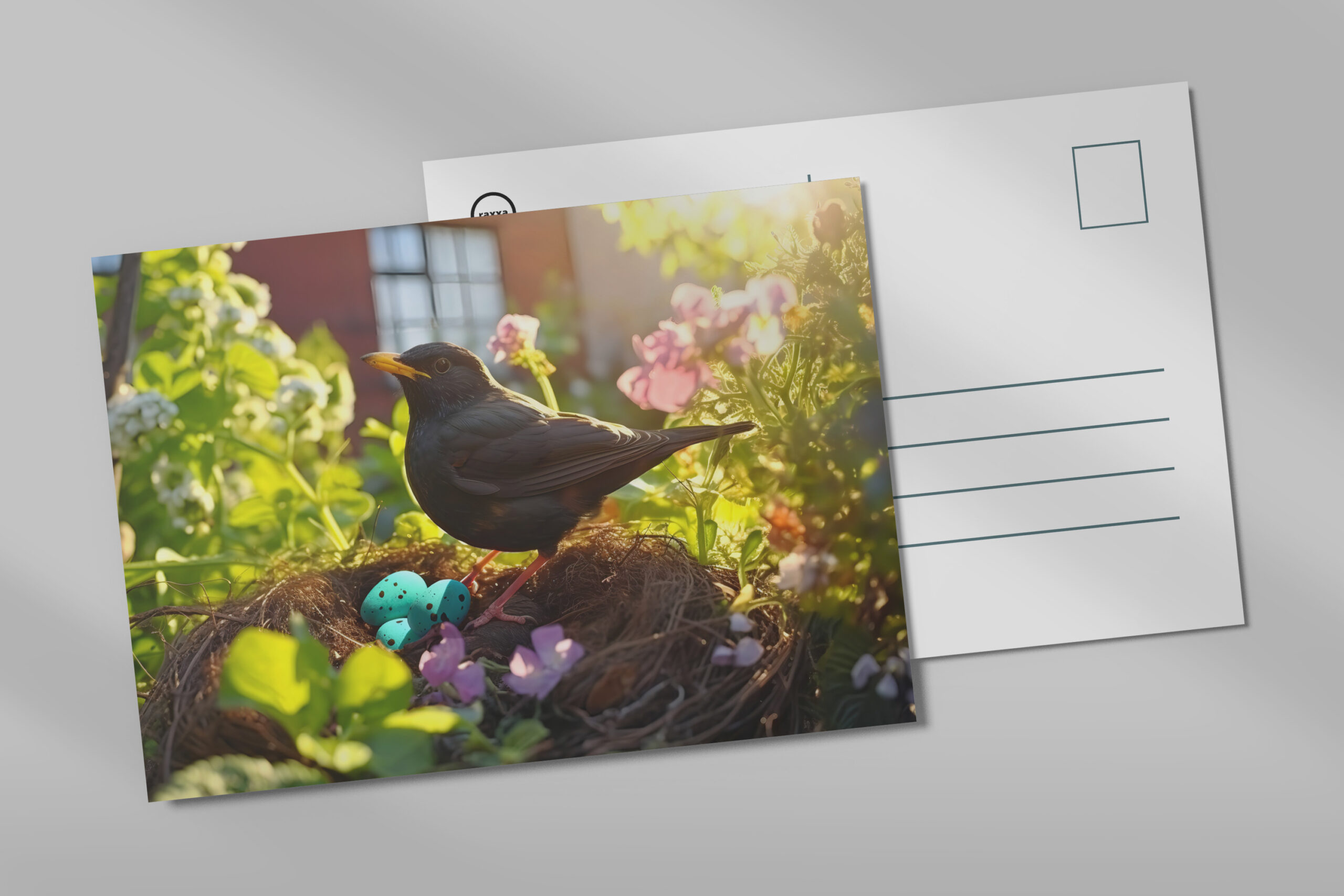 raxxa Postkarte: blackbird breeding in nest in the flowerbed, their feathers glowing in the morning light