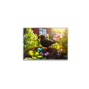 raxxa Glas-Magnet: blackbird breeding in nest in the flowerbed, their feathers glowing in the morning light